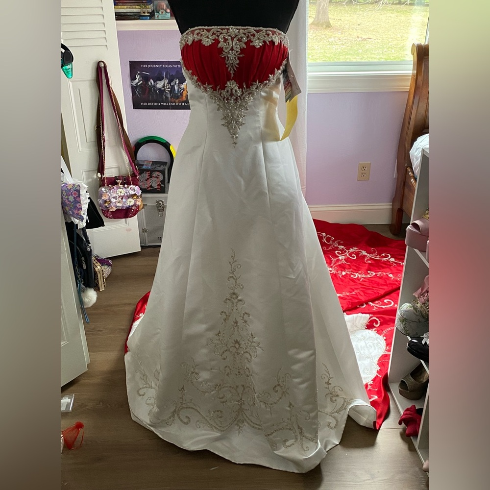 Elegant Red and White Gown with Gold Embroidery